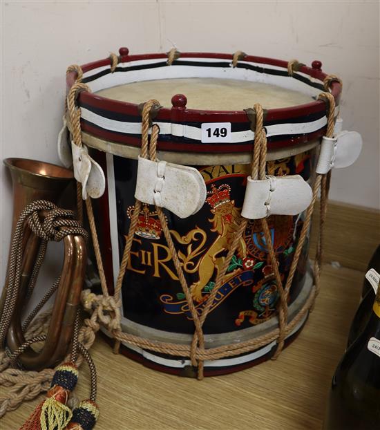 A Royal Mariners military side drum c.1960 brass shelled and rope tensioned with a military copper bugle